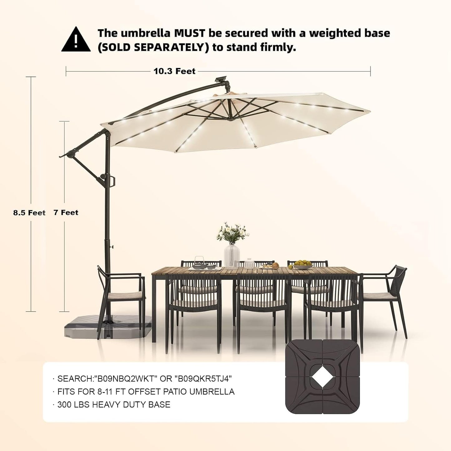 wikiwiki 10ft Solar LED Offset Hanging Market Patio Umbrella for Backyard, Poolside, Lawn and Garden,Easy Tilt Adjustment, Polyester Shade & Cross Base, Beige