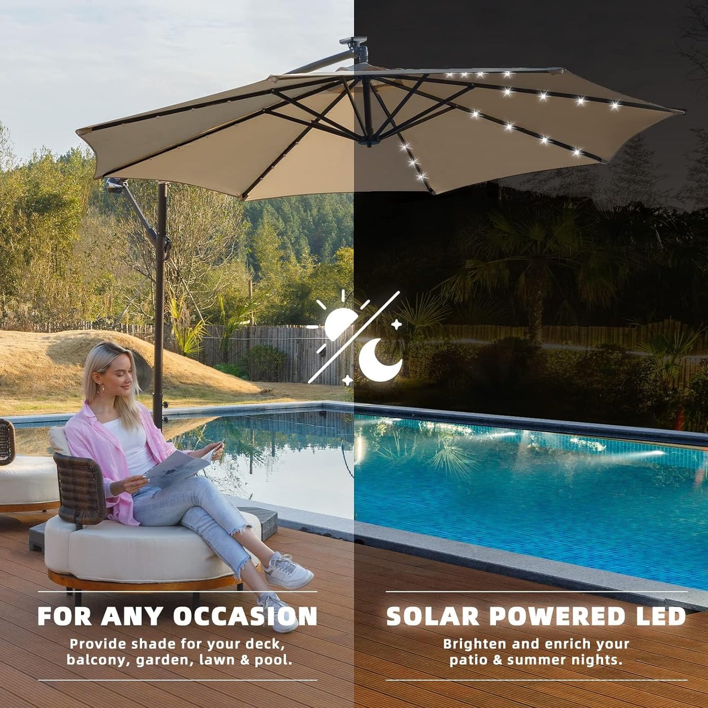 wikiwiki 10ft Solar LED Offset Hanging Market Patio Umbrella for Backyard, Poolside, Lawn and Garden,Easy Tilt Adjustment, Polyester Shade & Cross Base, Beige