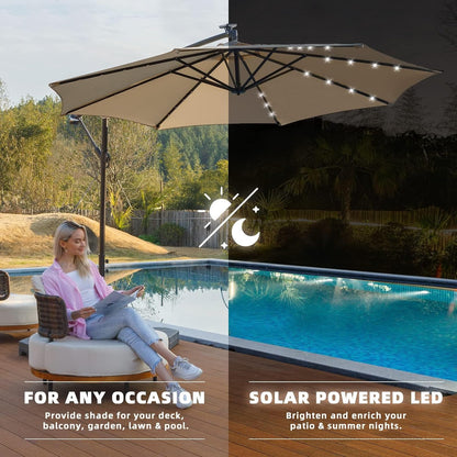 wikiwiki 10ft Solar LED Offset Hanging Market Patio Umbrella for Backyard, Poolside, Lawn and Garden,Easy Tilt Adjustment, Polyester Shade & Cross Base, Beige