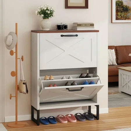 Shoe Cabinet with 2 Flip Drawers, Free Standing Shoe Racks Storage Cabinet with Metal Legs , Famhouse Shoe Rack Organizer Narrow Closet for Entryway Hallway,White