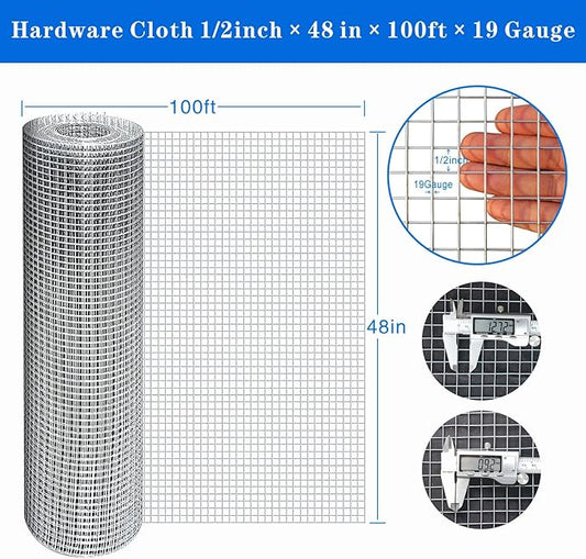 TUOKS Hardware Cloth 1/2 inch Square Openings - 19 Gauge 48'' x 100' Hot-Dip Galvanized Wire Mesh, Welded Cage Wire Rolls Great for Animal Enclosure Chicken Coop Flower Beds Rabbits Wire Fencing