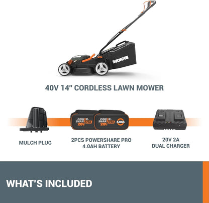 WORX 40V 14" Cordless Lawn Mower for Small Yards, 2-in-1 Electric Mower