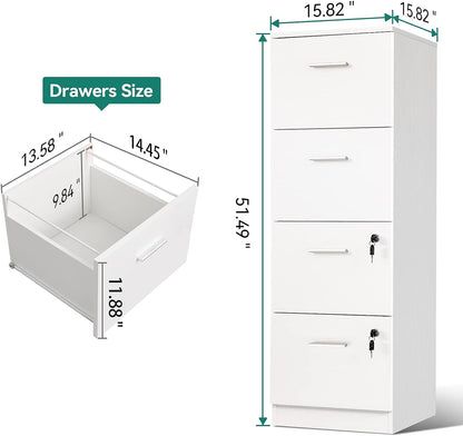 ITAHOME 4-Drawer File Cabinet with Lock, 15.86" Deep Vertical Filing Cabinet, Storage File Drawers for Letter A4-Sized Files, Need to Assemble, White