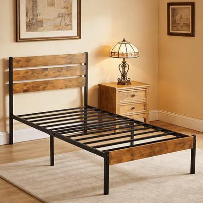 edx Twin Metal Bed Frame with Wood Headboard