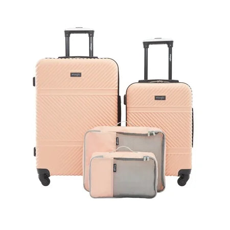 NEW Wrangler 4Pc Hardside Spinner Luggage Set with 20 & 25 Suitcases and Packing Cubes, Pearl Blush