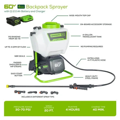 NEW Greenworks 60V 4 Gallon Cordless Battery Backpack Sprayer with 2.0Ah Battery & Charger 5301202