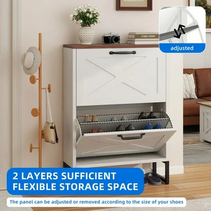 Shoe Cabinet with 2 Flip Drawers, Free Standing Shoe Racks Storage Cabinet with Metal Legs , Famhouse Shoe Rack Organizer Narrow Closet for Entryway Hallway,White