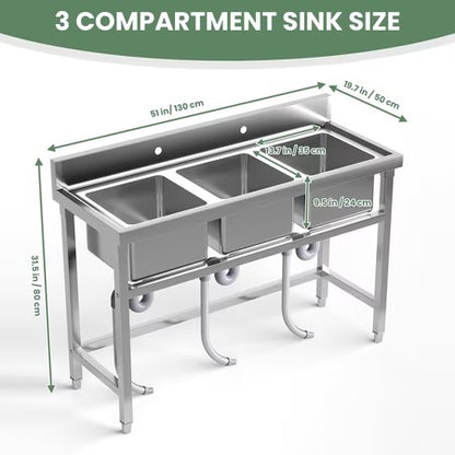 3-Compartment Stainless Steel Sink, 51"