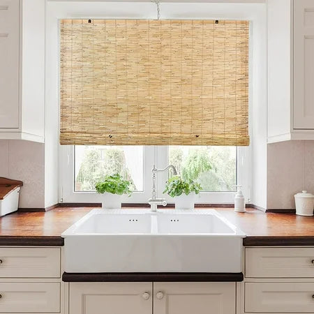 FOREVER BAMBOO Light-Filtering Cord-Free Bamboo Reed Roll-Up Blind Shades for Windows Manual Roman Blinds Natural 72 in W x 72 in H