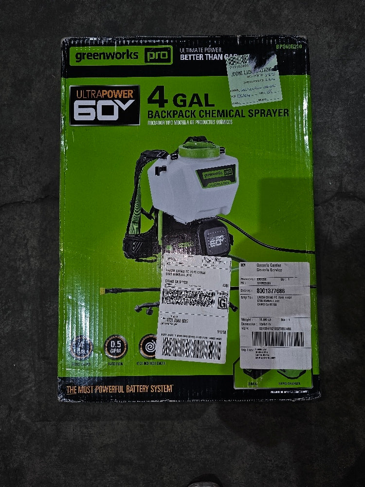 NEW Greenworks 60V 4 Gallon Cordless Battery Backpack Sprayer with 2.0Ah Battery & Charger 5301202