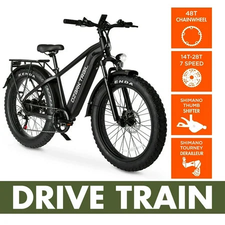 26 Ozark Trail M.3 Ranger+ Electric Fat Tire Bike, 48V, Class 2, Black, Fits Riders 5'2 - 6'1, Adult