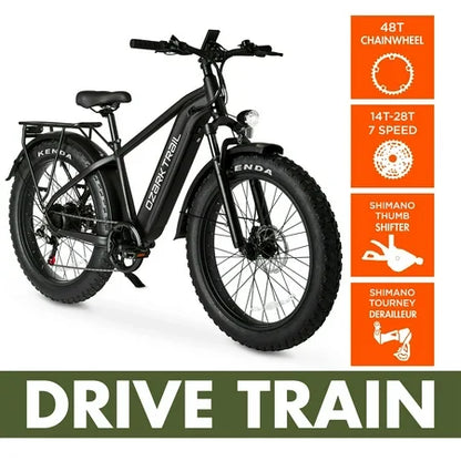 26 Ozark Trail M.3 Ranger+ Electric Fat Tire Bike, 48V, Class 2, Black, Fits Riders 5'2 - 6'1, Adult
