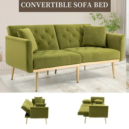 Velvet Upholstered Minimalist Tufted Metal Foot Double Seat Sofa Bed for Living Room Olive