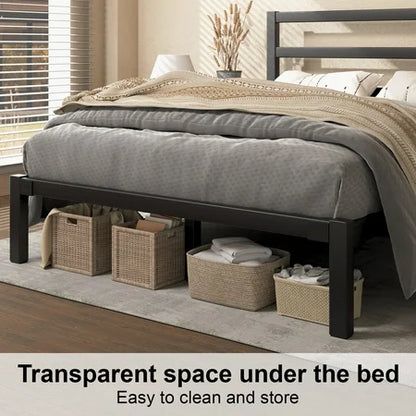 Queen Size Metal Platform Bed Frame with Headboard, Heavy Duty Metal Slat Mattress Foundation, Easy Assembly, No Box Spring Needed, Black