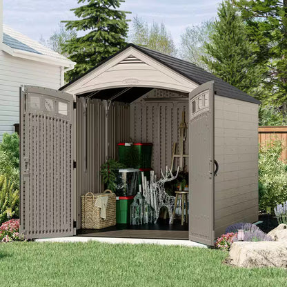 Vista 7 ft. W x 10 ft. D Plastic Resin Storage Shed with Floor (74 sq. ft.) in Colonnade (Beige)