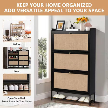 Black Wooden Shoe Storage Cabinet with Drawer