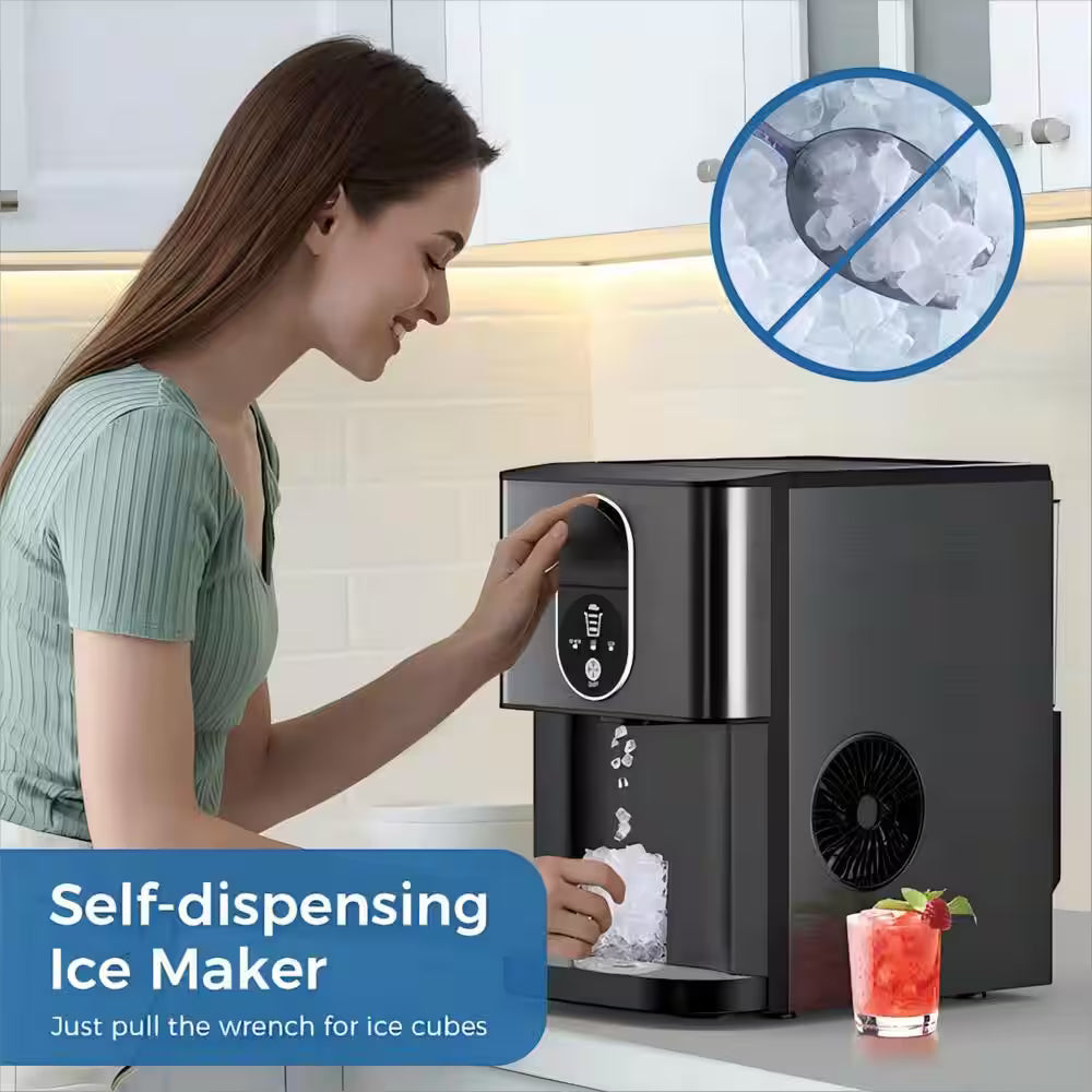 10.63 in. 44 lbs. Countertop or Portable Nugget/Pebble Ice Maker in Stainless Steel Black
