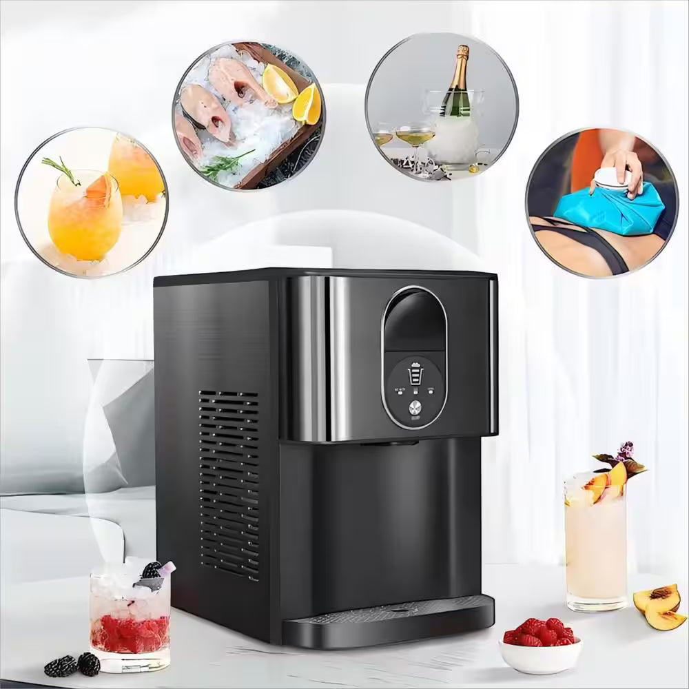 10.63 in. 44 lbs. Countertop or Portable Nugget/Pebble Ice Maker in Stainless Steel Black