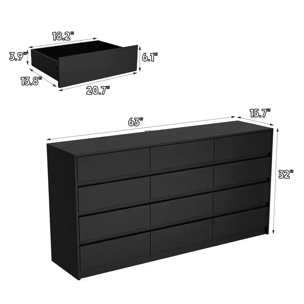 Black 12-Drawer Dresser, 63W x 32H