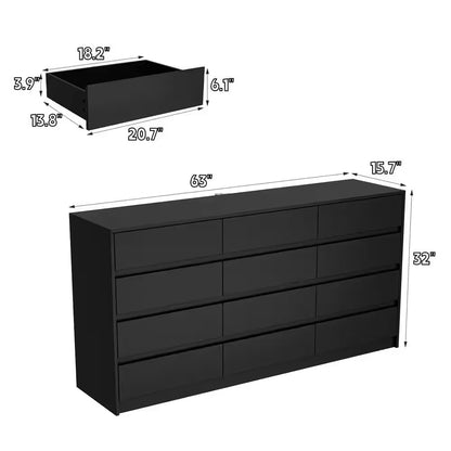 Black 12-Drawer Dresser, 63W x 32H
