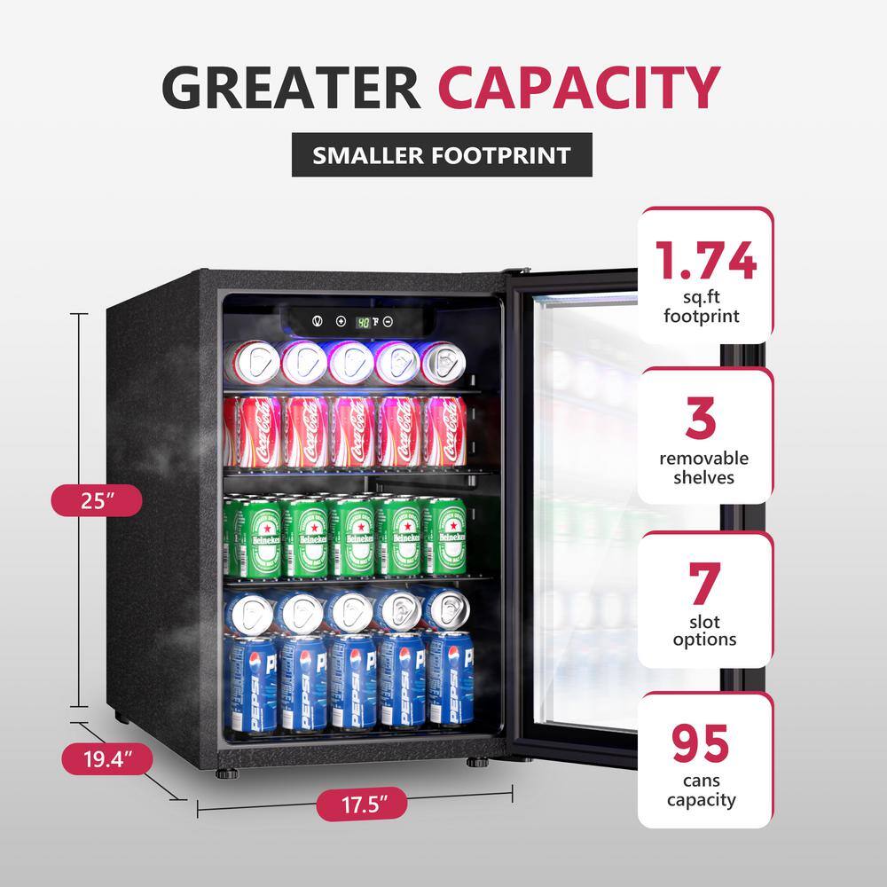 17.5 in. Single Zone 100-Cans Freestanding/Countertop Beverage and Wine Cooler Fridge in Black, Reversible Door