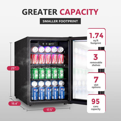 17.5 in. Single Zone 100-Cans Freestanding/Countertop Beverage and Wine Cooler Fridge in Black, Reversible Door