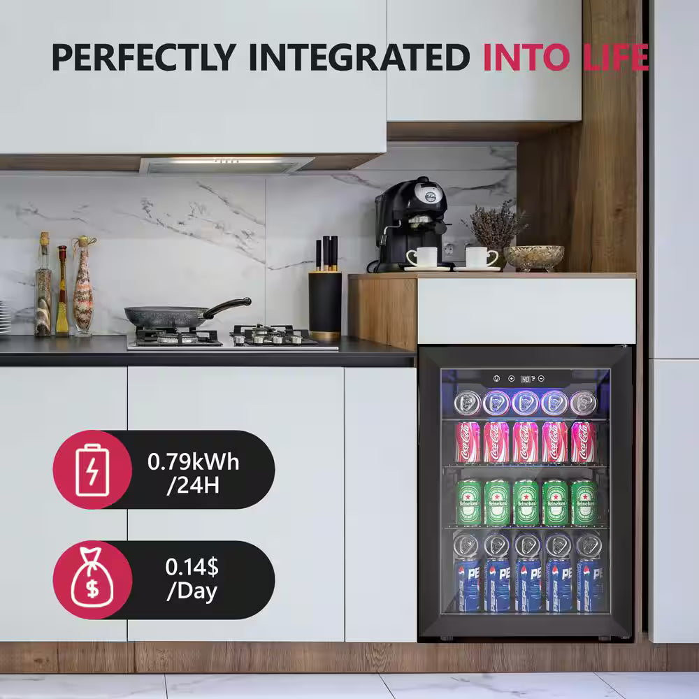 17.5 in. Single Zone 100-Cans Freestanding/Countertop Beverage and Wine Cooler Fridge in Black, Reversible Door