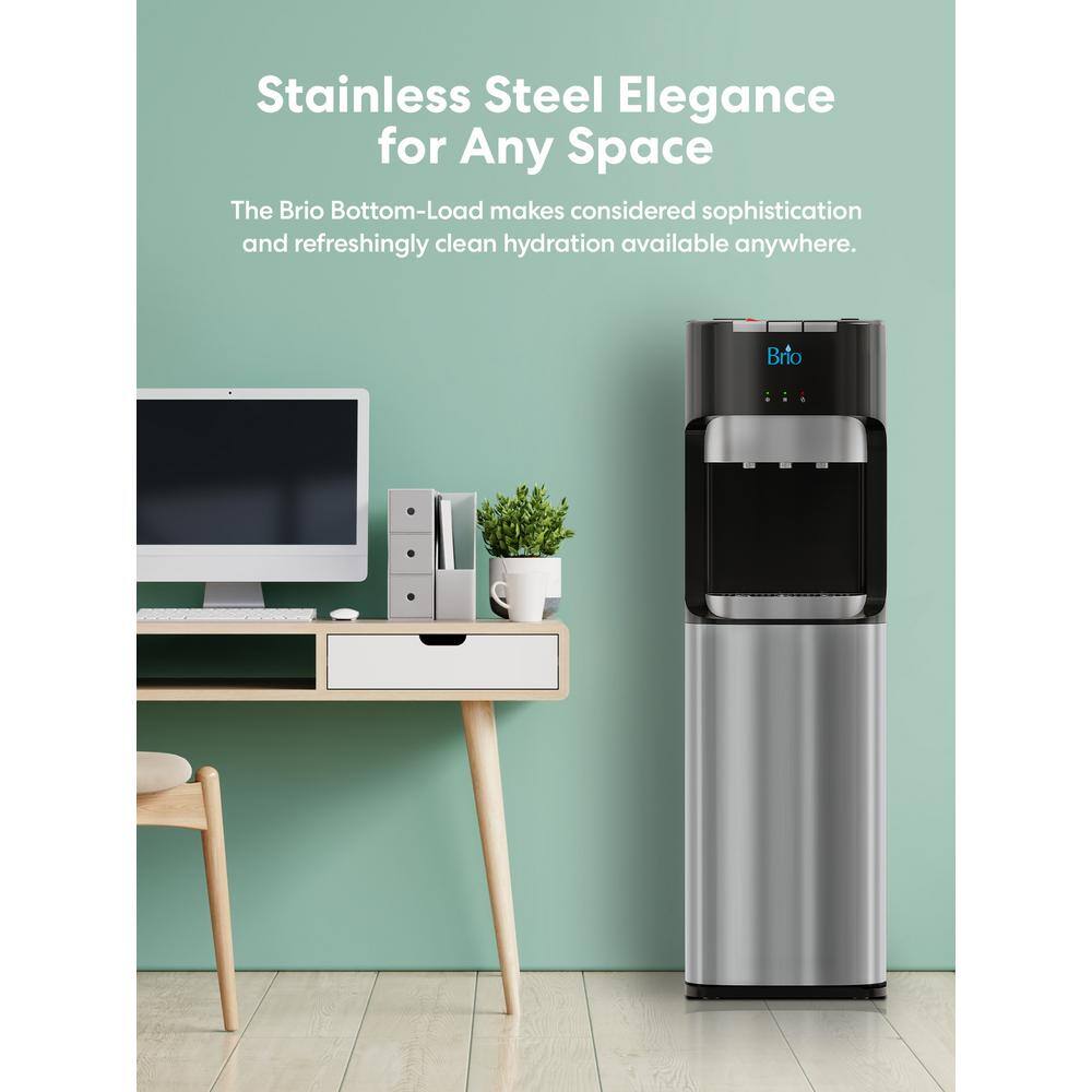 NEW Brio Hot Cold and Room Temp Water Dispenser Cooler Black and Brush Stainless Steel, Essential Series