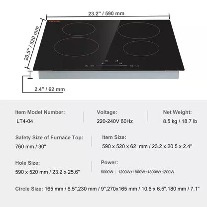Built in Electric Stove Top 24 in. 4 Burners Glass Radiant Cooktop with Sensor Touch Control, Timer and Child Lock,Black
