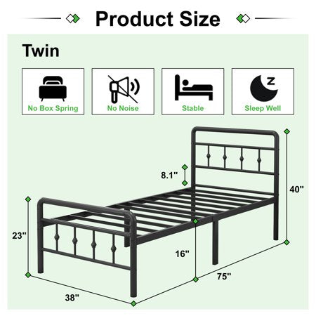 Maenizi 16" Tall Twin Bed Frame, Black