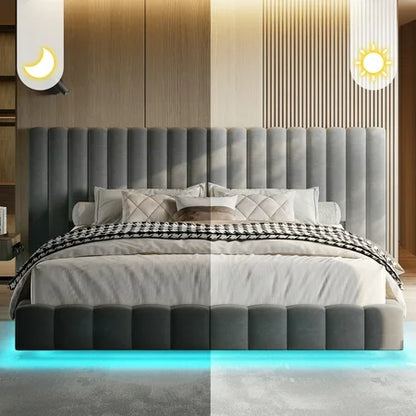 Merluxy Queen Bed Frame with Oversized Headboard,Floating Design,RGB LED Lights,No Box Spring Needed,Velvet Grey