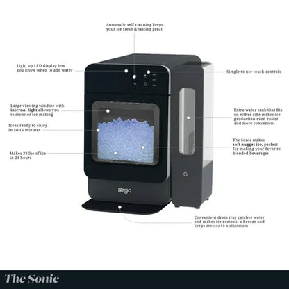 Orgo Products The Sonic Countertop Ice Maker, Nugget Ice Type, Black
