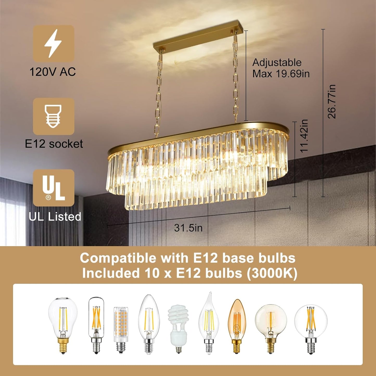 Inch Large Gold Crystal Chandelier, 8-Light Linear Modern Crystal Chandelier