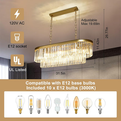 Inch Large Gold Crystal Chandelier, 8-Light Linear Modern Crystal Chandelier