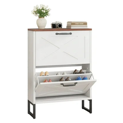 Shoe Cabinet with 2 Flip Drawers, Free Standing Shoe Racks Storage Cabinet with Metal Legs , Famhouse Shoe Rack Organizer Narrow Closet for Entryway Hallway,White