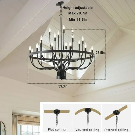 Black Chandelier 24 Light, Modern Farmhouse Chandelier for Dining Room, Round Industrial Candle Chandeliers Light, Wagon Wheel Chandelier 39.3 3-Tier for Hallway, Living Room, Foyer