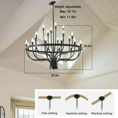 Black Chandelier 24 Light, Modern Farmhouse Chandelier for Dining Room, Round Industrial Candle Chandeliers Light, Wagon Wheel Chandelier 39.3 3-Tier for Hallway, Living Room, Foyer