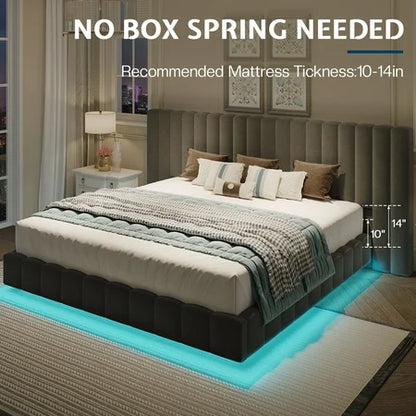Merluxy Queen Bed Frame with Oversized Headboard,Floating Design,RGB LED Lights,No Box Spring Needed,Velvet Grey
