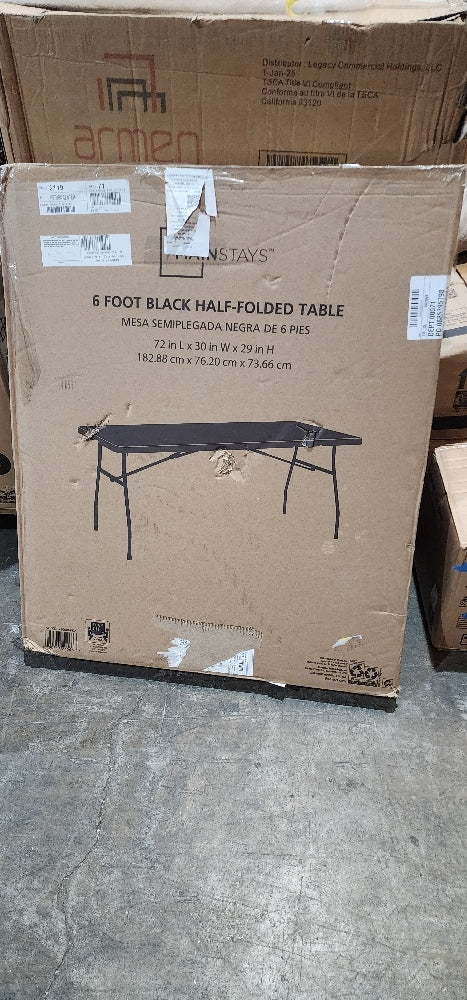 Mainstays Black 6 Foot Fold-in-Half Plastic Table, Indoor Outdoor, Scratch Resistant, Stain & UV Damage, Built-in Carry Handle
