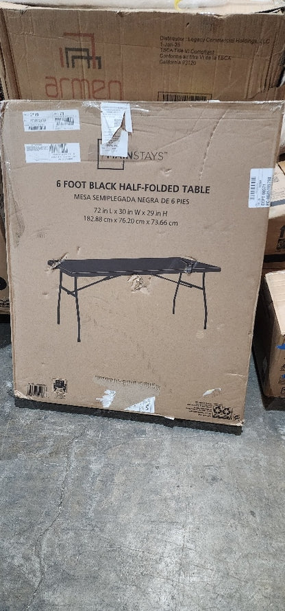 Mainstays Black 6 Foot Fold-in-Half Plastic Table, Indoor Outdoor, Scratch Resistant, Stain & UV Damage, Built-in Carry Handle