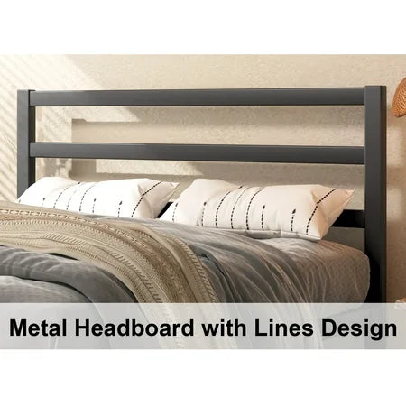 Queen Size Metal Platform Bed Frame with Headboard, Heavy Duty Metal Slat Mattress Foundation, Easy Assembly, No Box Spring Needed, Black