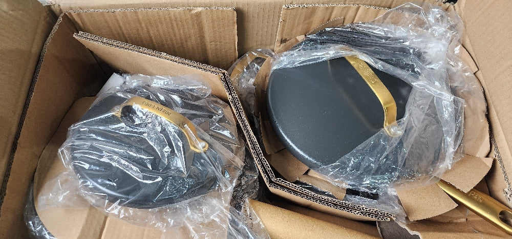 GreenPan GP5 14 Piece Cookware Pots and Pans Set, Hard Anodized Ceramic Nonstick PFAS-Free, Induction Suitable, Scratch Resistant, Gold-Tone Handles, Stay-Flat Surface, Dishwasher and Oven Safe, Black