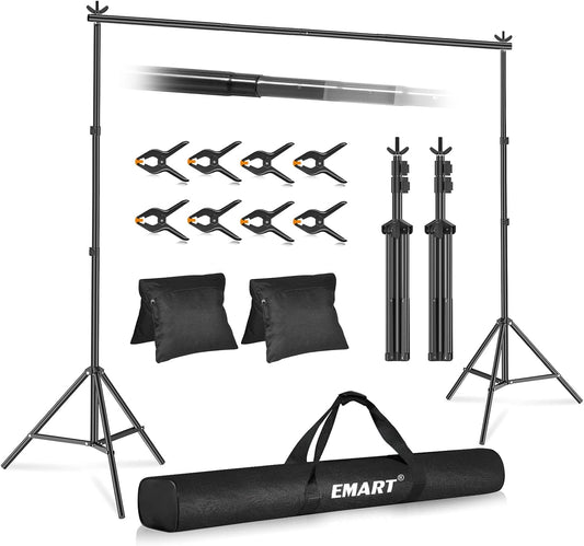 EMART Backdrop Stand 10x7ft(WxH) Photo Studio Adjustable Background Stand Support Kit with 2 Crossbars, 8 Backdrop Clamps, 2 Sandbags and Carrying Bag for Parties Events Decoration