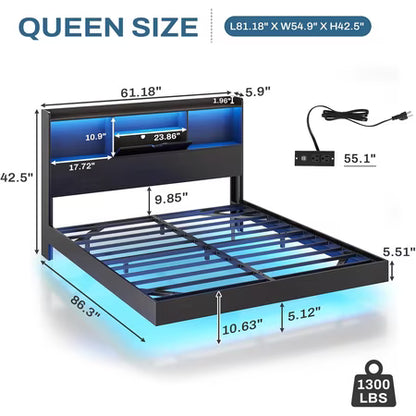 Queen Size Floating Bed Frame with LED Lights