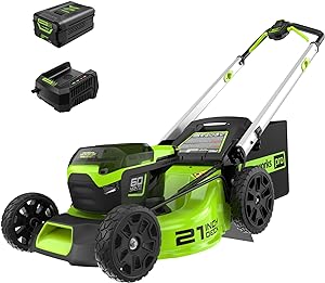 Greenworks 60V 21” Cordless (Push) Lawn Mower (LED Lights + Aluminum Handles), 5.0Ah Battery and Rapid Charger