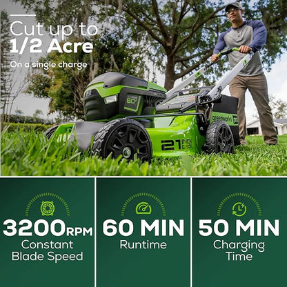 Greenworks 60V 21” Cordless (Push) Lawn Mower (LED Lights + Aluminum Handles), 5.0Ah Battery and Rapid Charger