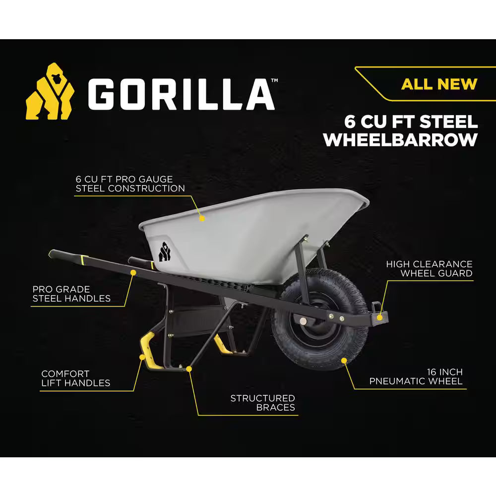 Gorilla 6 cu ft PRO Steel Wheelbarrow, 16 Wheel