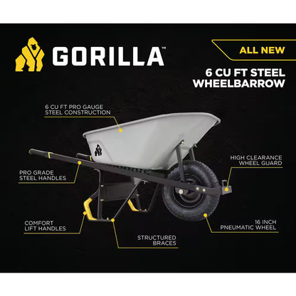 Gorilla 6 cu ft PRO Steel Wheelbarrow, 16 Wheel