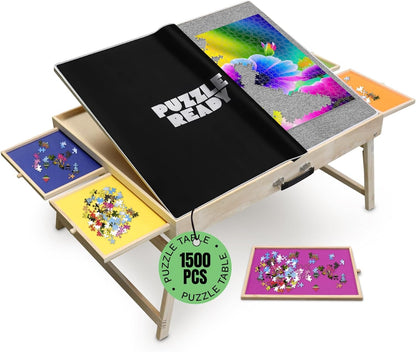 1500 Piece Wooden Jigsaw Puzzle Table - 27”x36” Foldable Puzzle Table with Shorter Legs, 4 Colouful Drawers, 3 Titling Angles & Puzzle Cover Mat -...