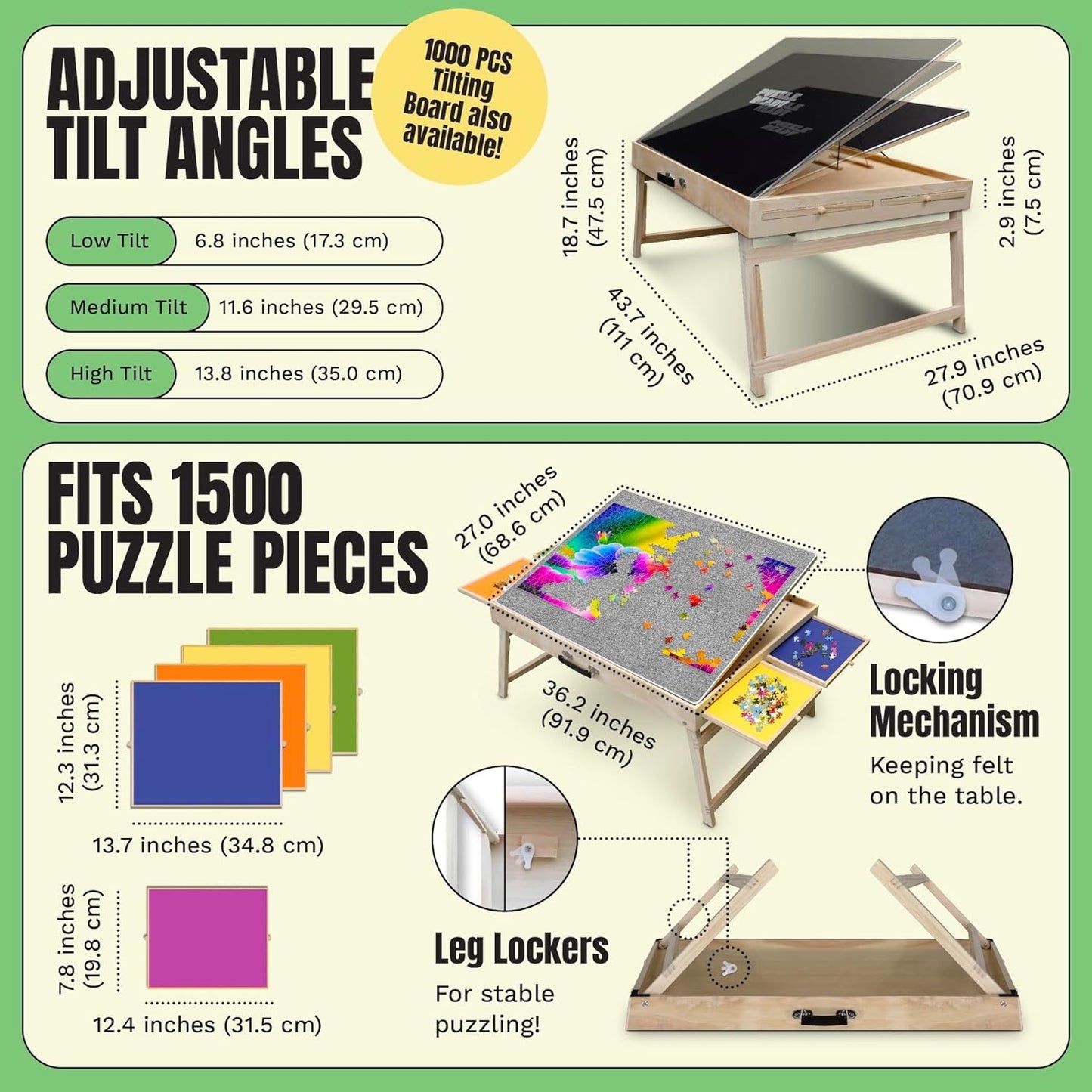 1500 Piece Wooden Jigsaw Puzzle Table - 27”x36” Foldable Puzzle Table with Shorter Legs, 4 Colouful Drawers, 3 Titling Angles & Puzzle Cover Mat -...